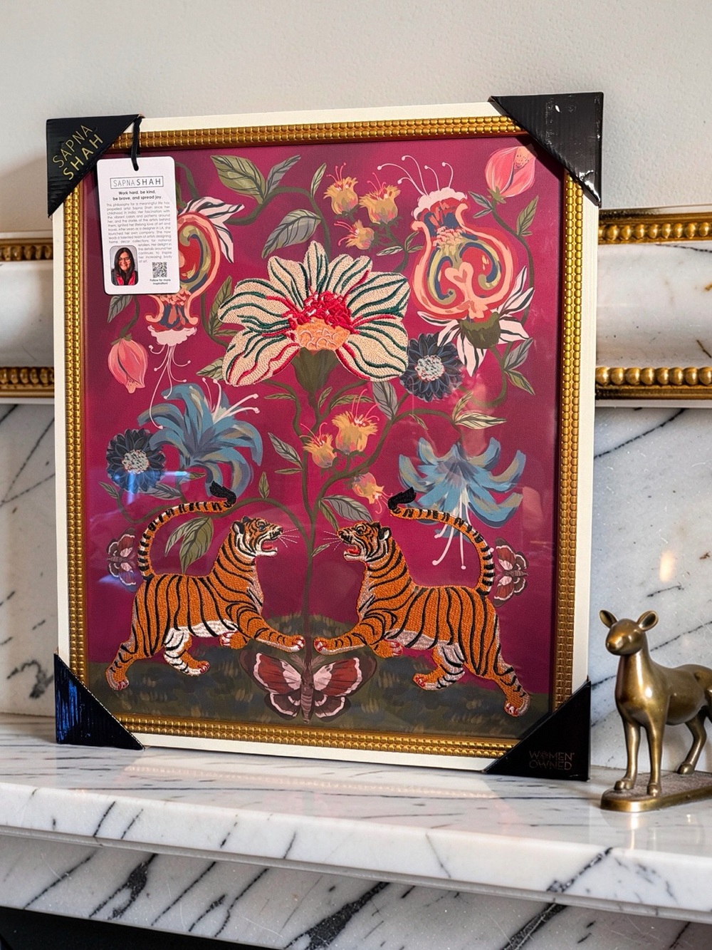 SAPNA SHAH NWT Stunning Red Embroidered Floral & Tiger Wall Art 24" x 20"